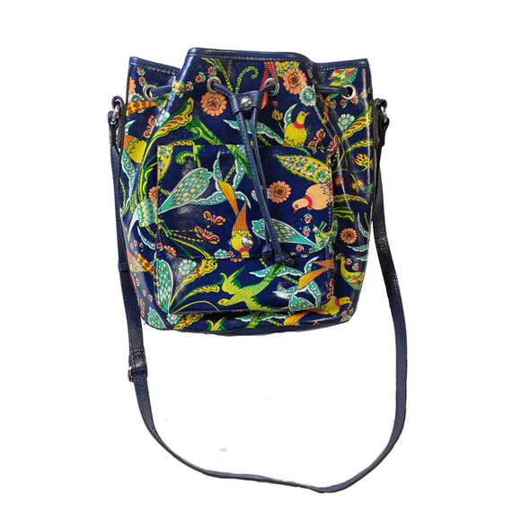 Patricia Nash Sabina Birds of Paradise Leather Drawstring Bucket Bag EUC